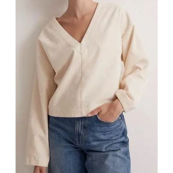Madewell Cropped Top Womens 2XL Cream Relaxed V-Neck Long Sleeve Pullover - Picture 1 of 10